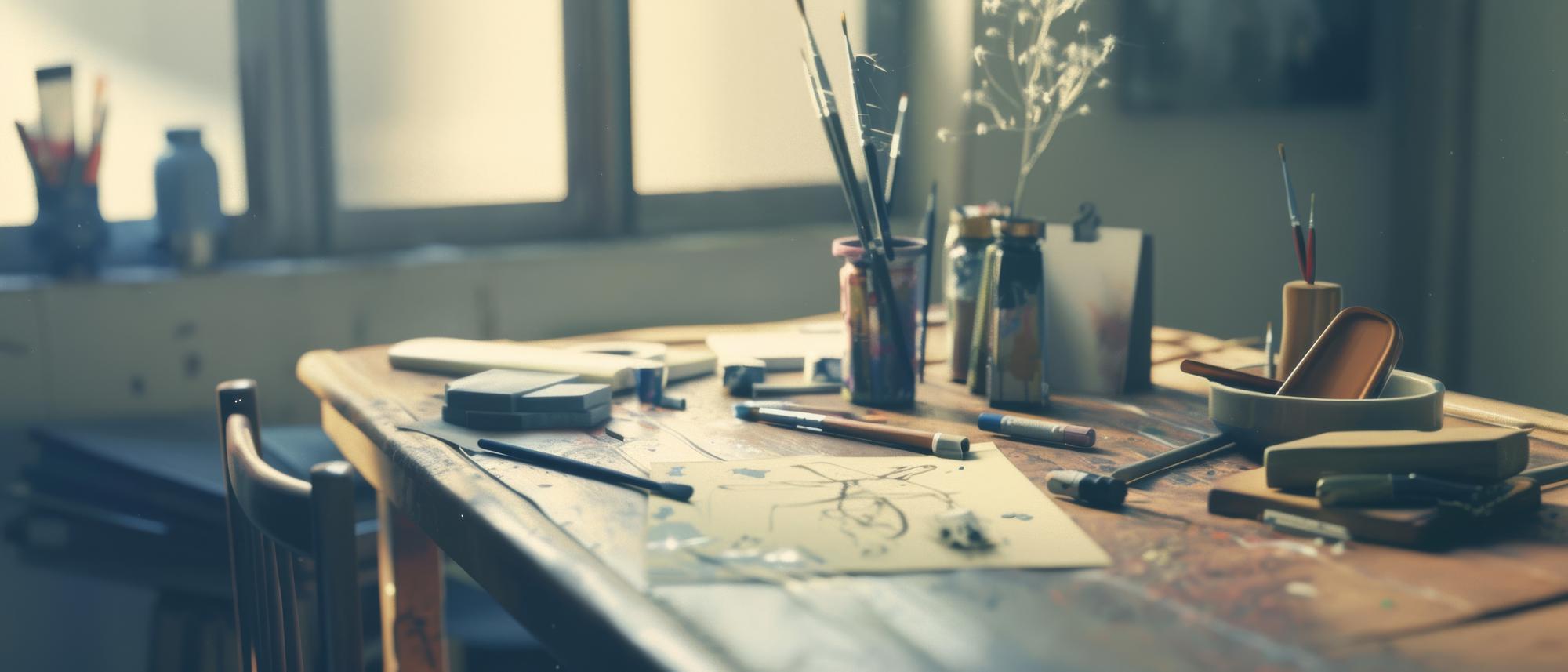Studio table with threads and sketches
